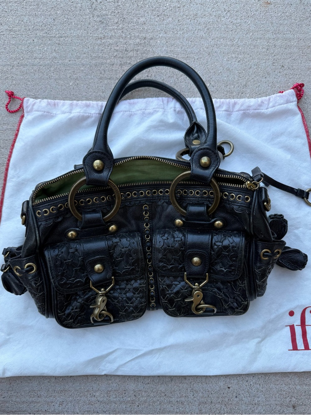Isabella Fiore Black Leather Shoulder Bag with Brass Accents